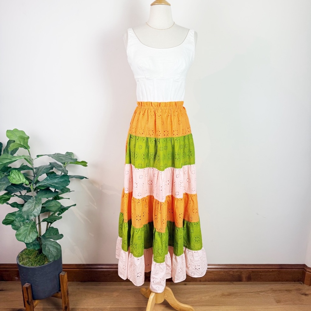 💋Anthropologie Hitch eyelet Orange, Green, and Cream Maxi Skirt size XS - Picture 4 of 11